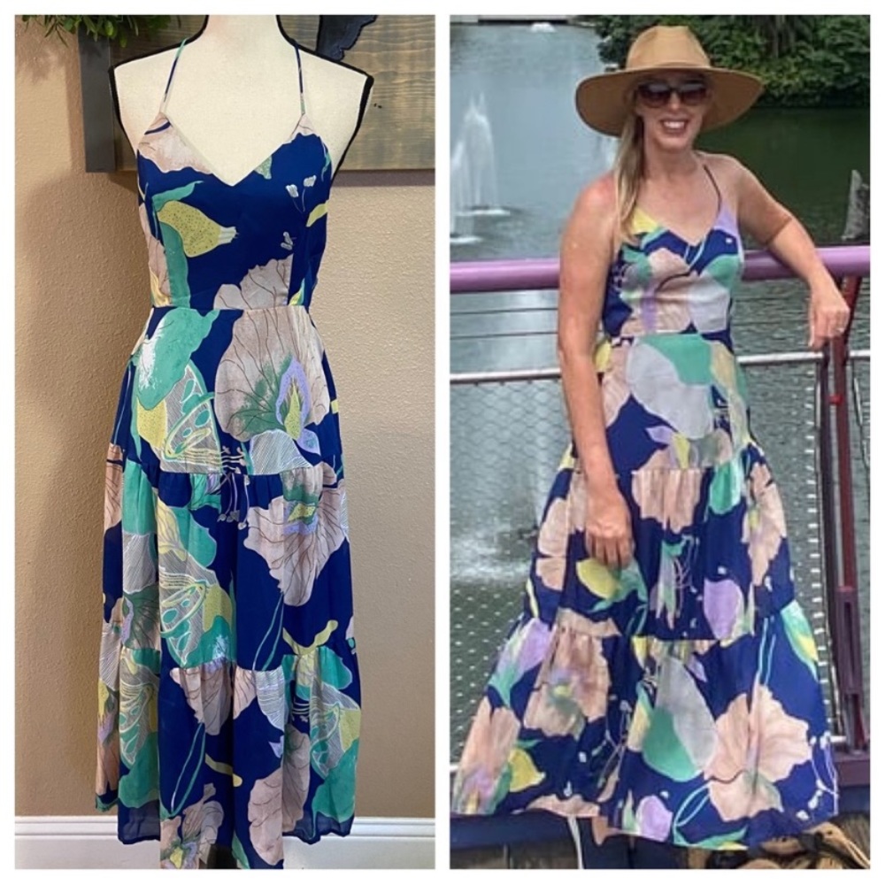 Lulus Hours of Flowers Blue Multi Floral Lace-Up Tiered Midi Dress